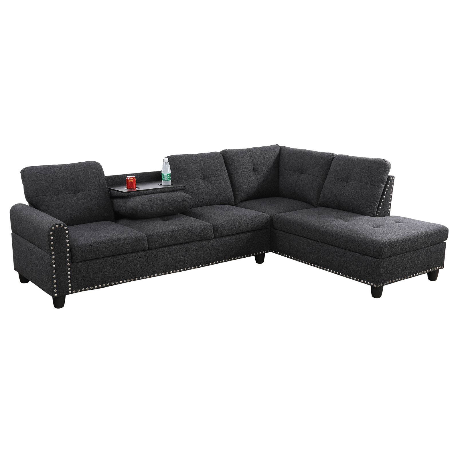 Dark gray tufted sectional sofa with nailhead trim for living room