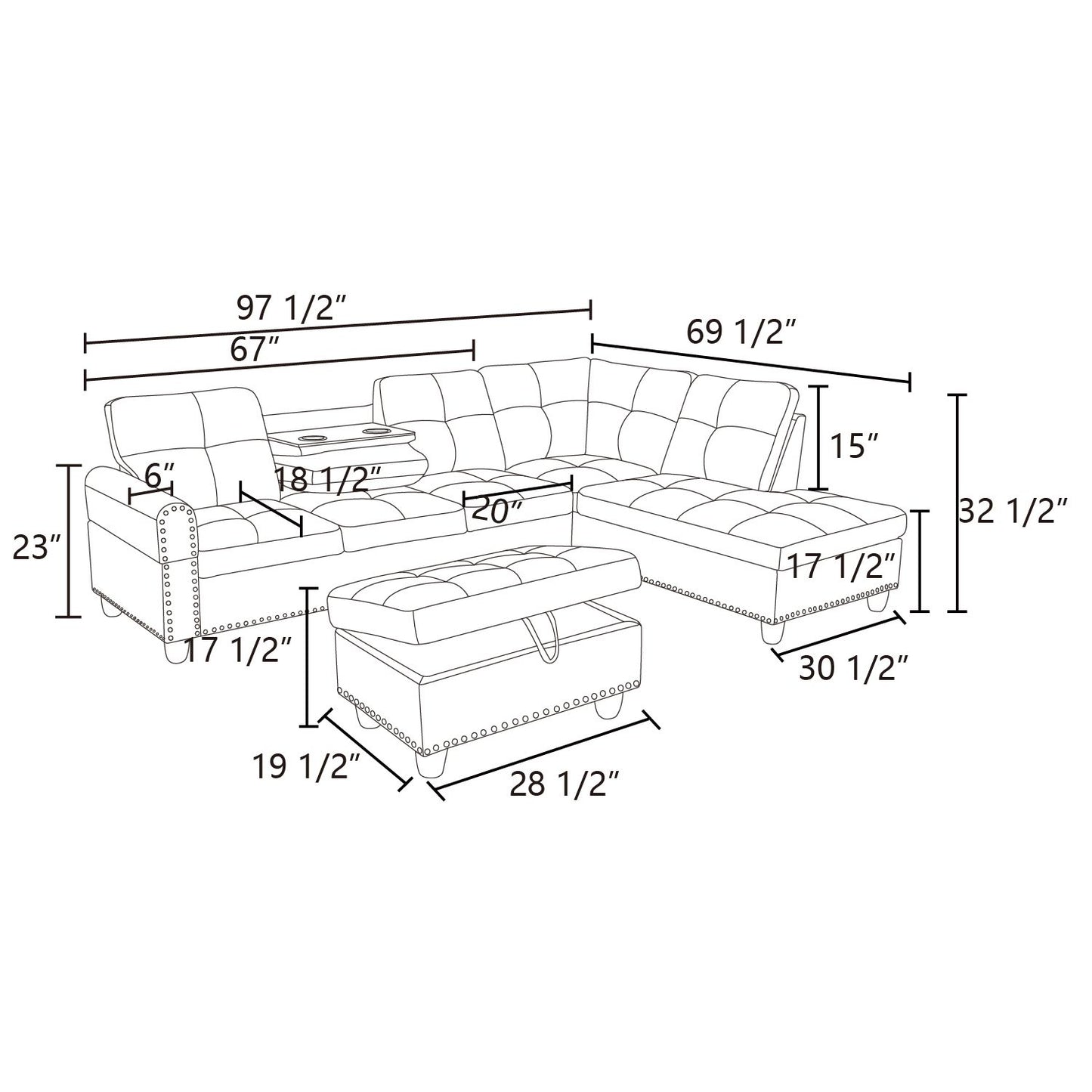 Tufted corner sofa sectional with console and ottoman dimensions