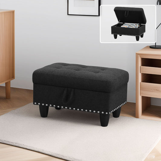 Black tufted storage ottoman with nailhead trim for living room seating