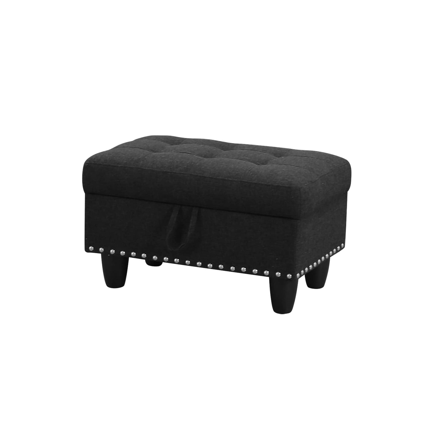 Black tufted storage ottoman with nailhead trim for living room