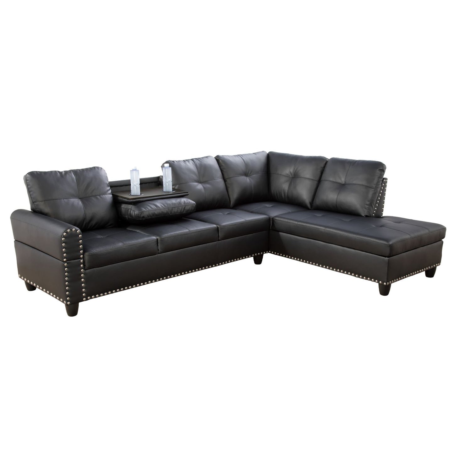 Black leather sectional sofa with nailhead trim and builtin cup tray