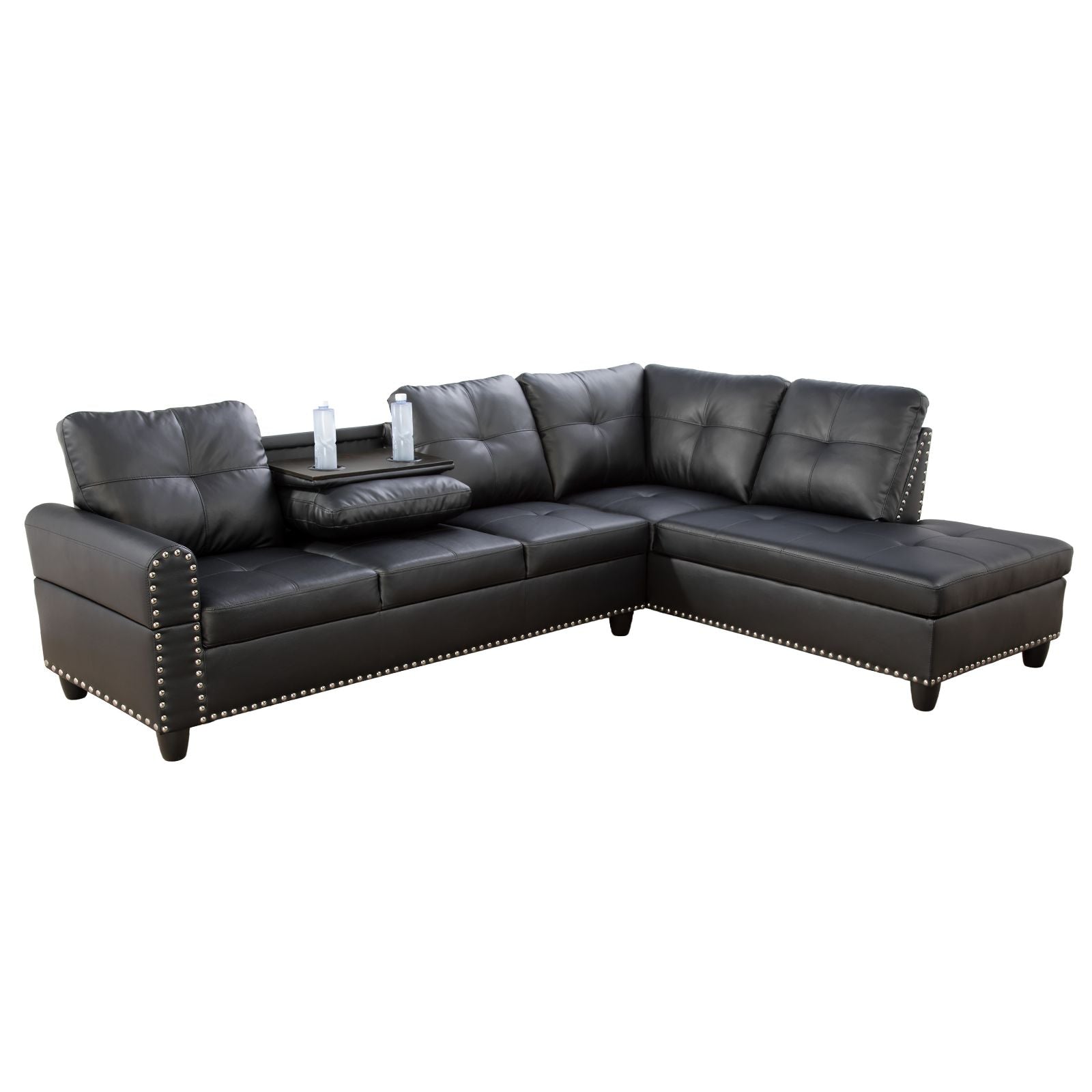 Black leather sectional sofa with nailhead trim and builtin cup tray
