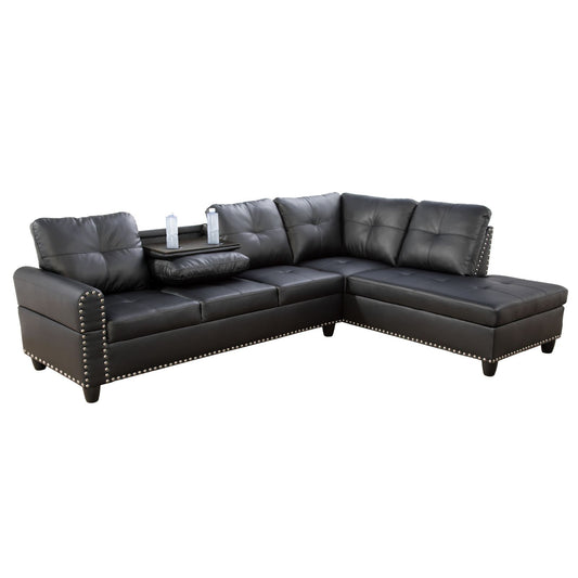 Black leather sectional sofa with nailhead trim and builtin cup tray