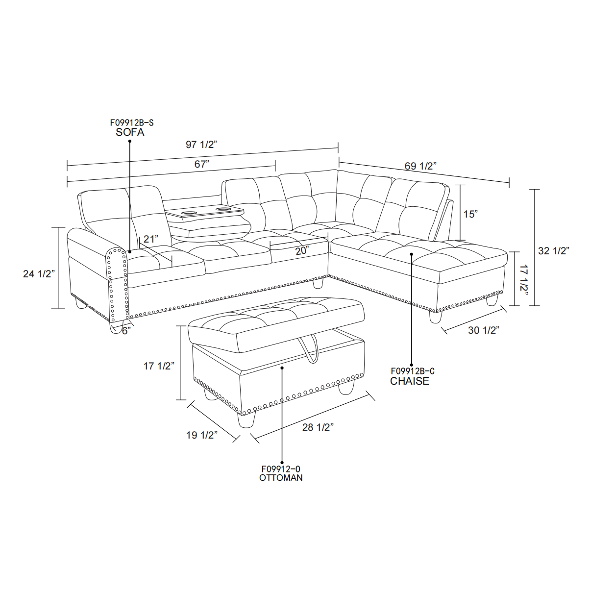 Tufted leather sectional sofa with chaise for living room