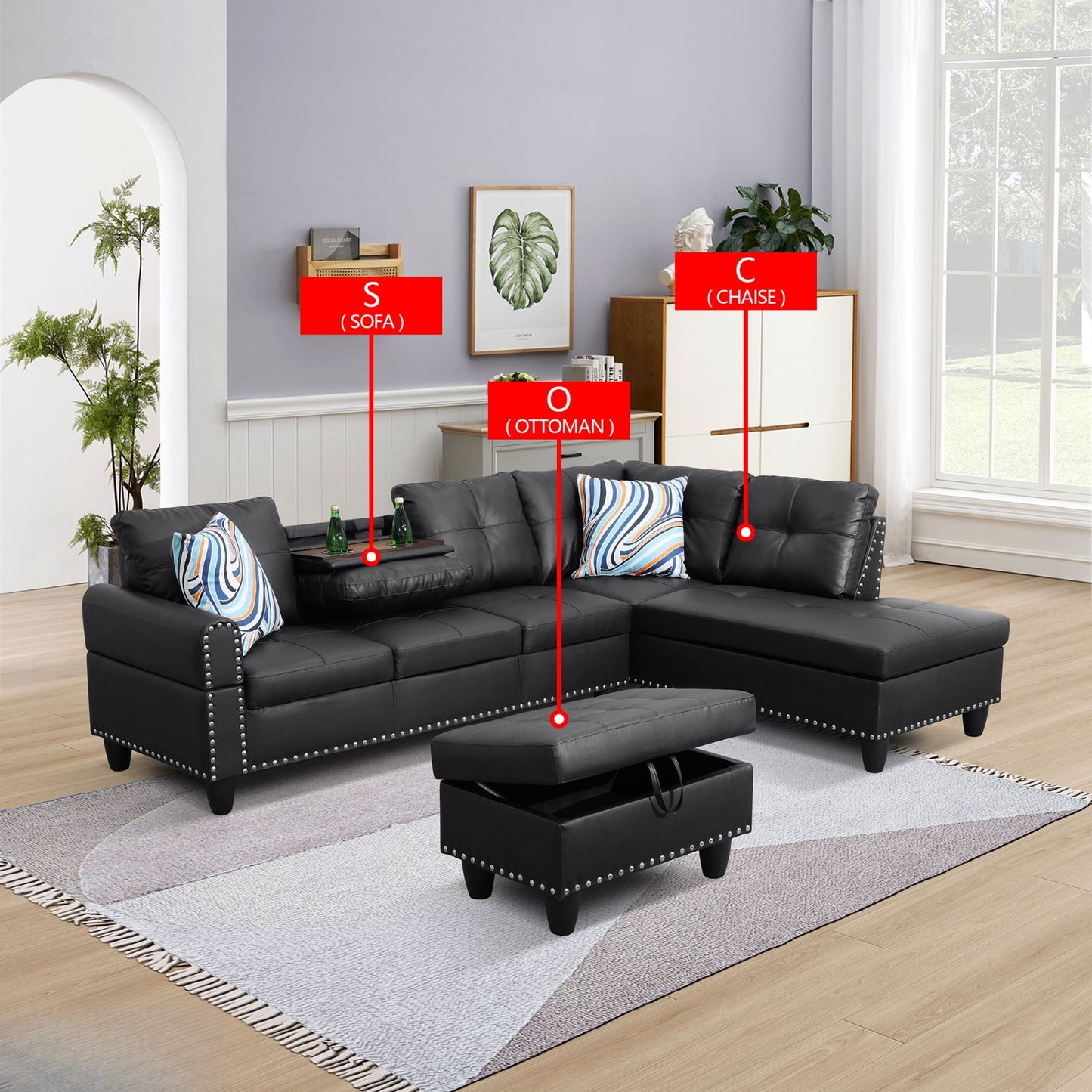 Black leather sectional sofa with nailhead trim for living room