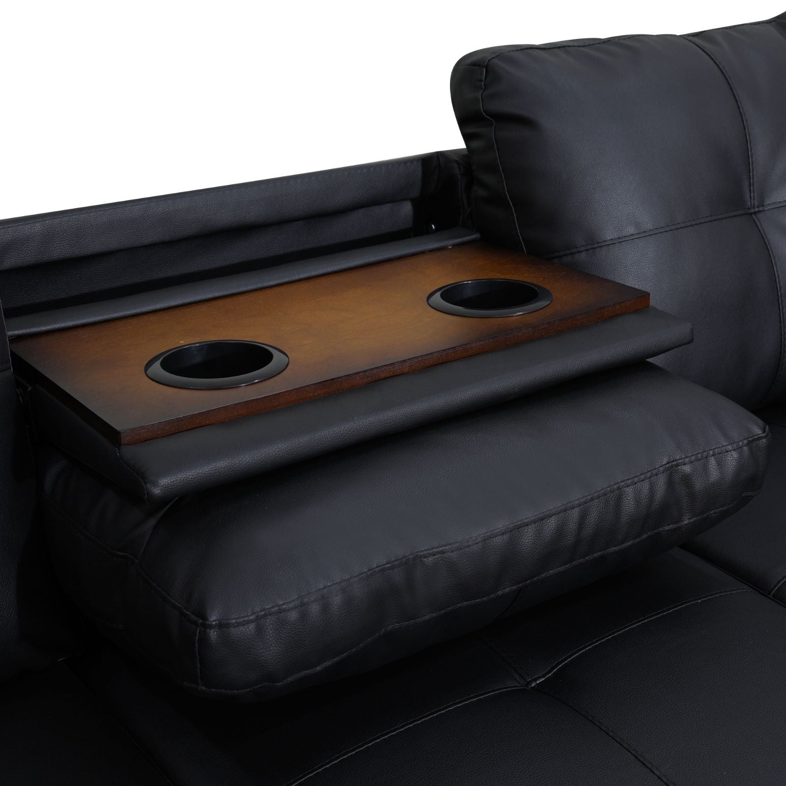 Black leather sectional sofa featuring wooden snack tray  luxury home entertainment