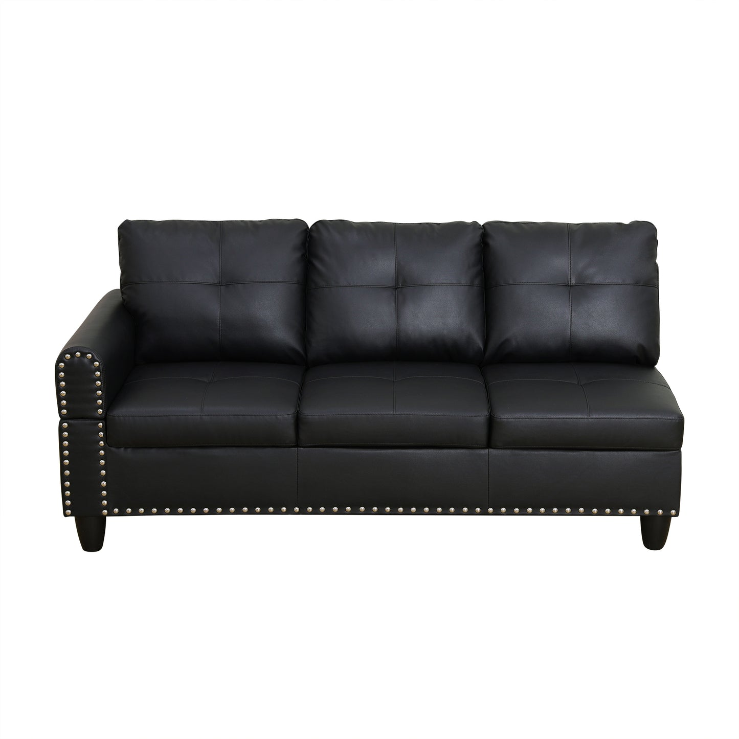 Black leather threeseat sofa with nailhead trim  modern living furniture