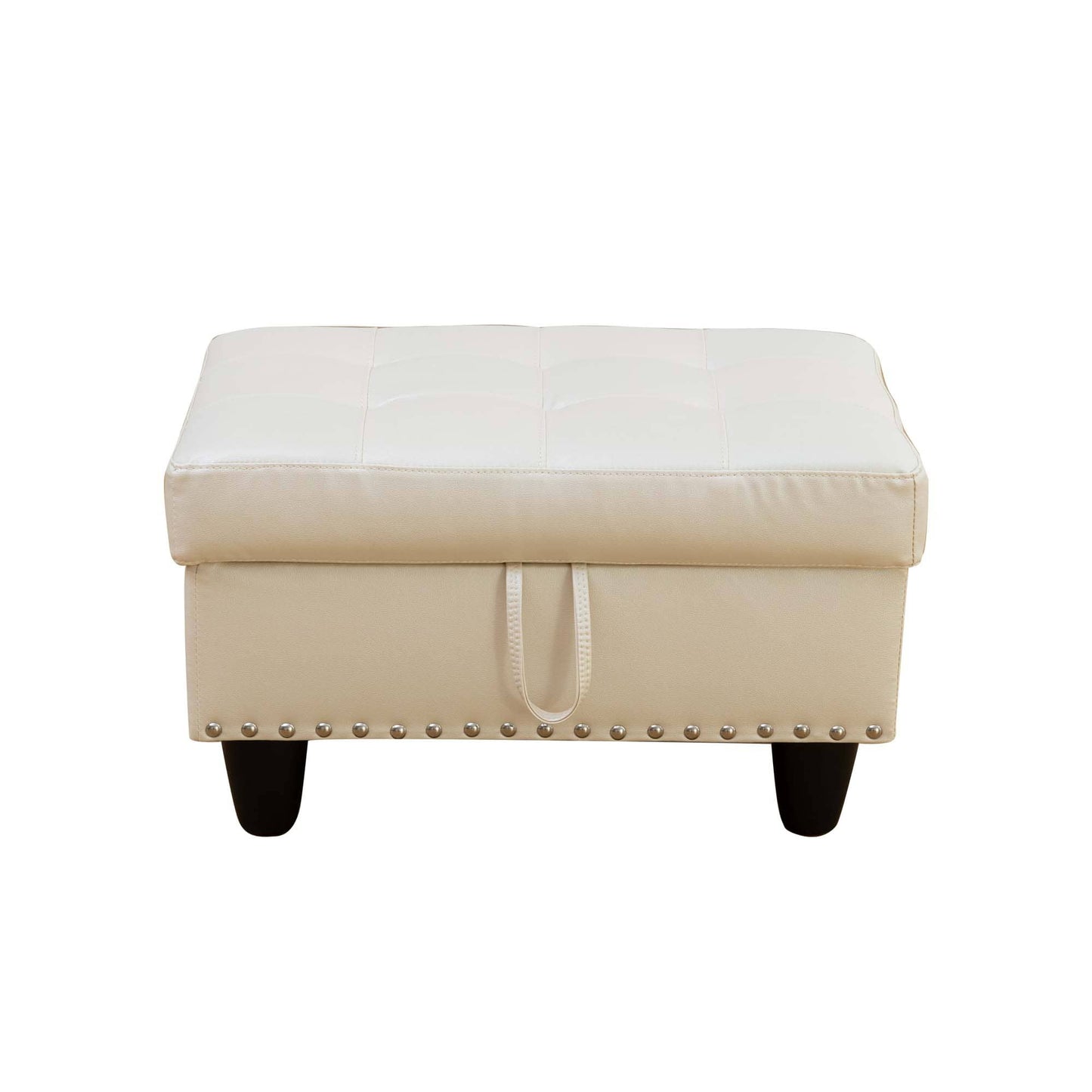 Beige storage ottoman with tufted design and silver studs