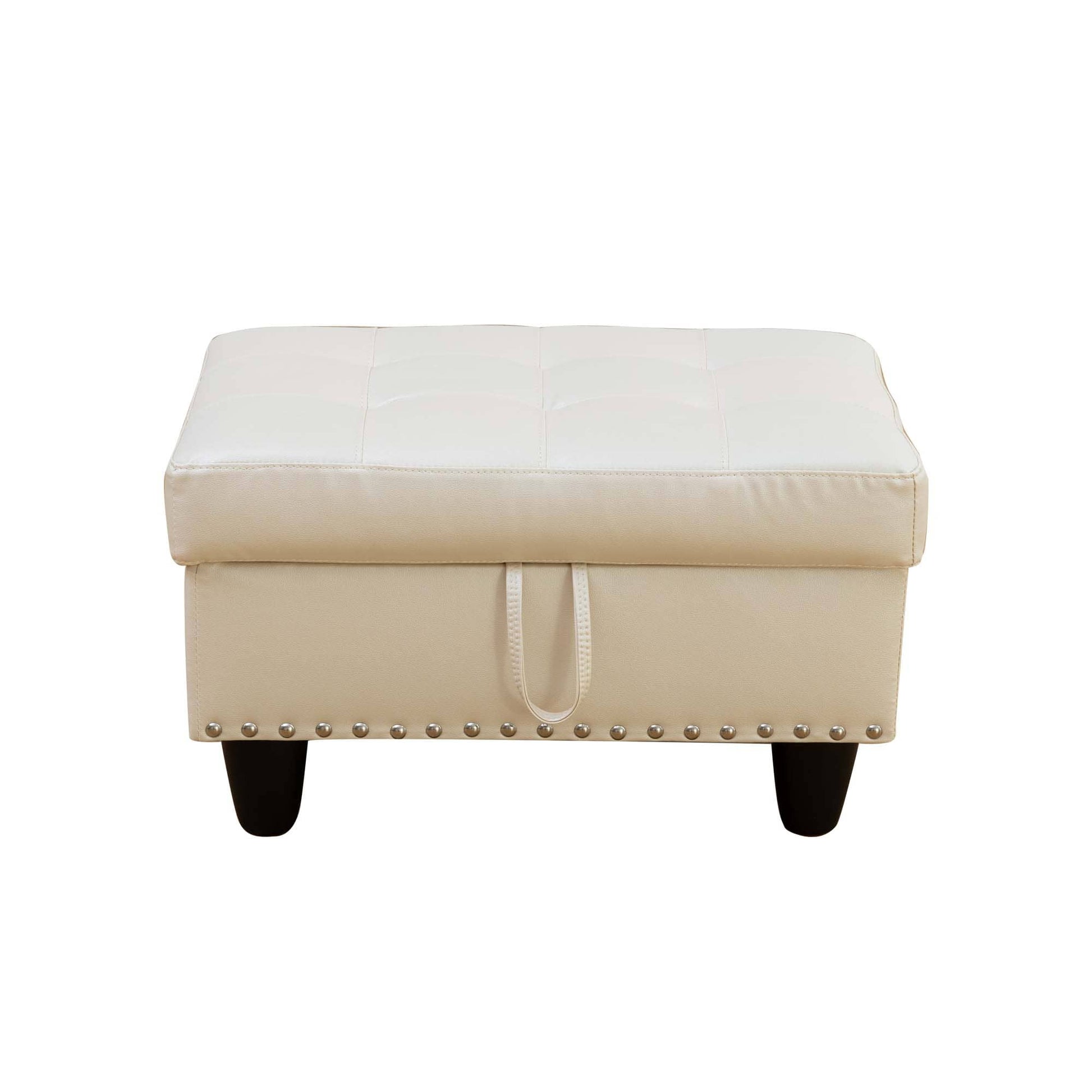 Beige storage ottoman with tufted design and silver studs