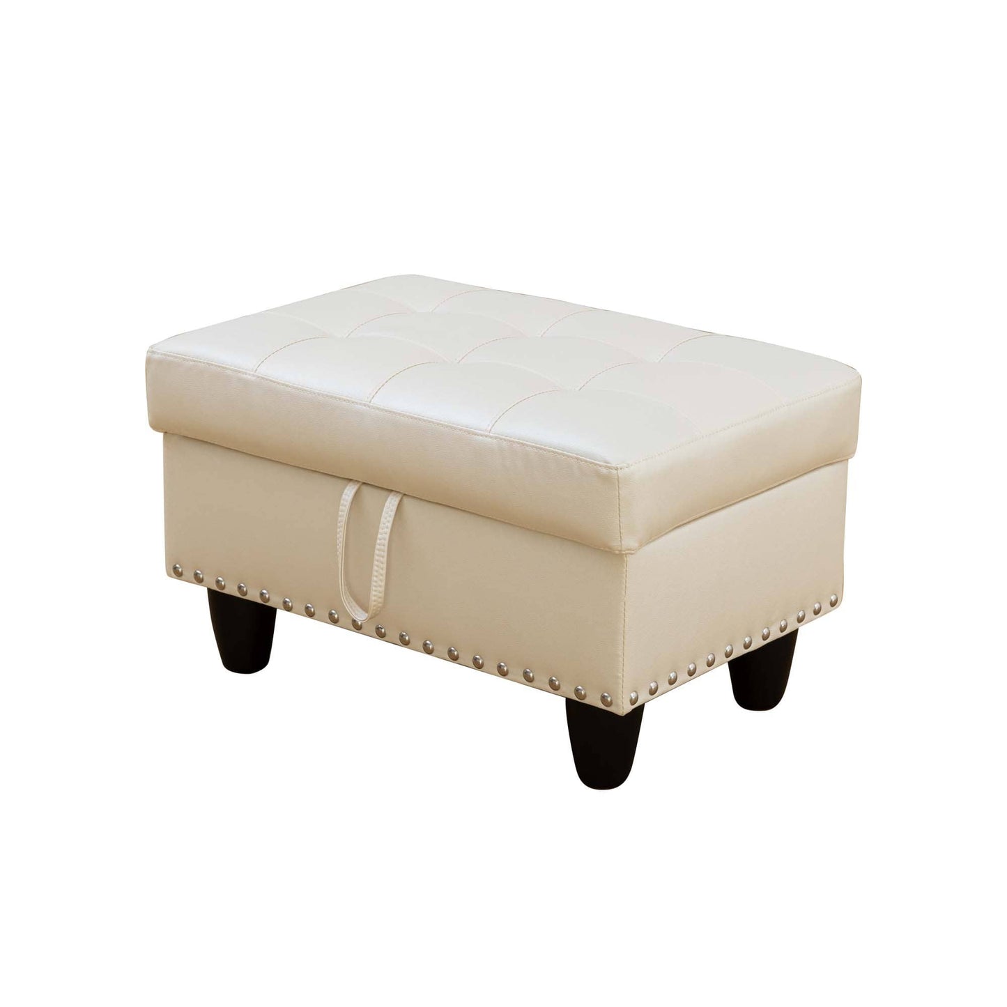 Beige tufted storage ottoman with silver studs and black legs