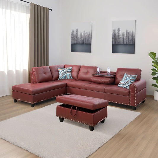 Red leather sectional sofa with storage ottoman and striped pillows