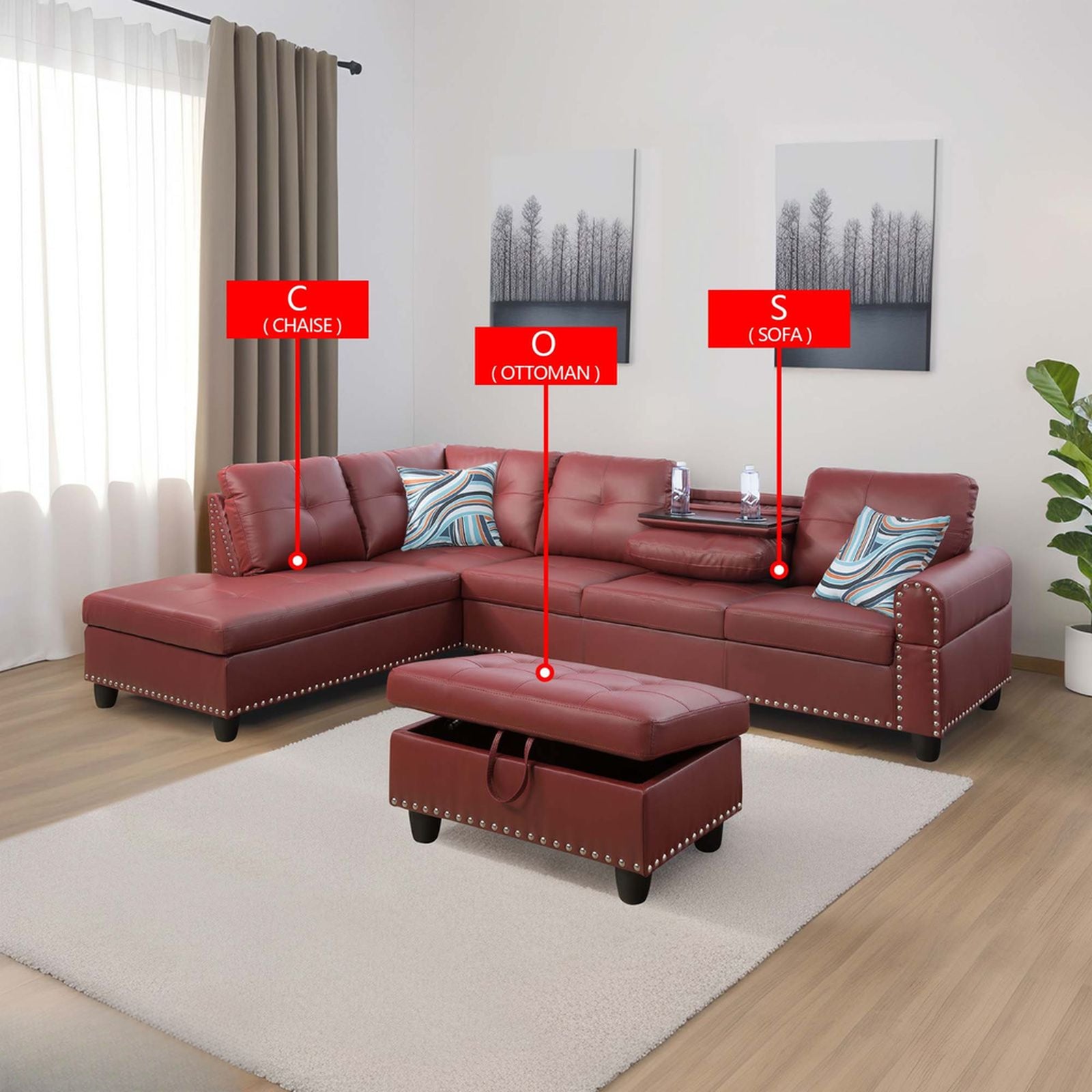 Red leather chaise lounge with striped throw pillow in living room sectional