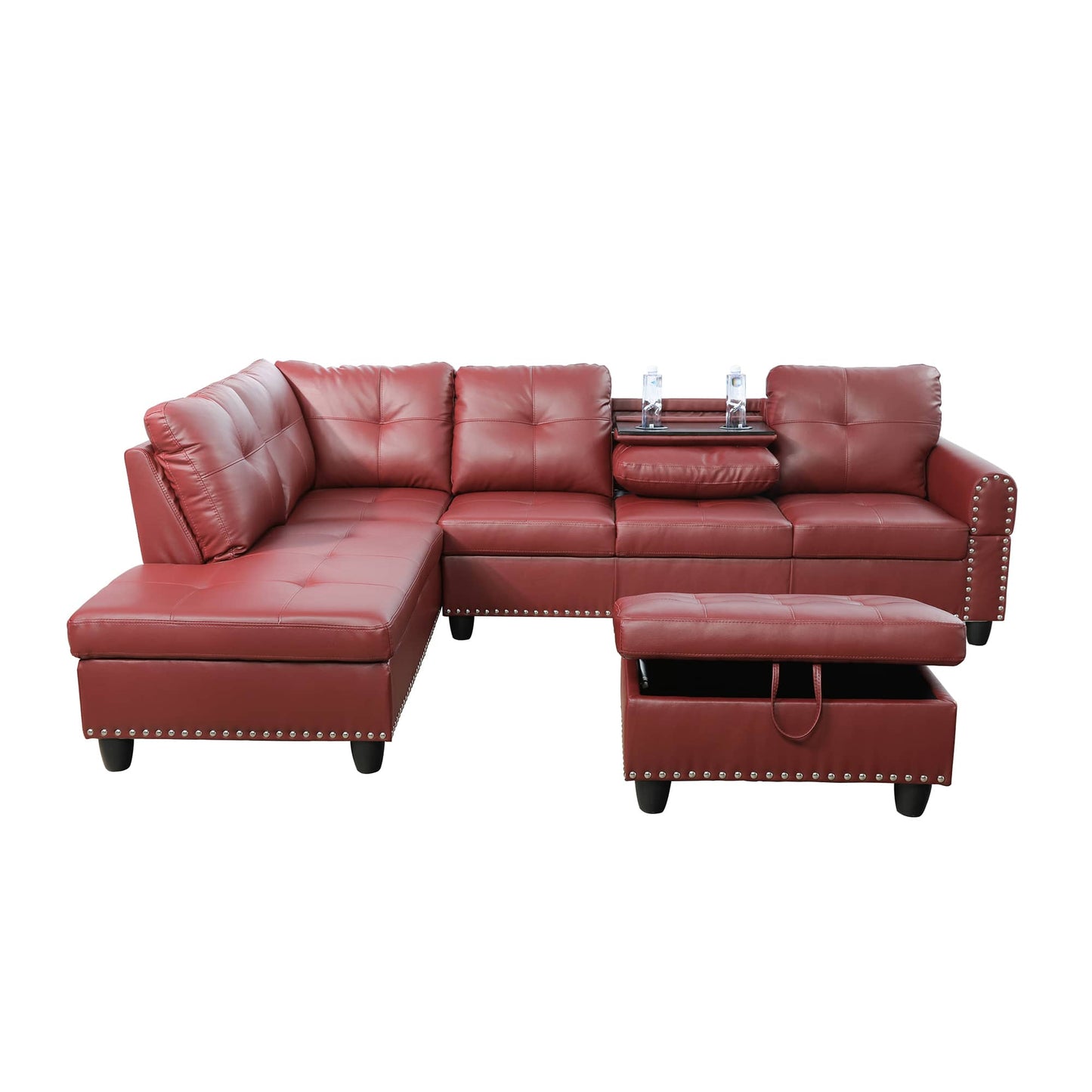 Red leather sectional sofa with storage ottoman and nailhead trim