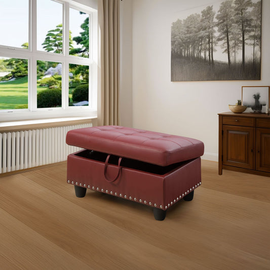 Burgundy leather storage ottoman with open lid for living room
