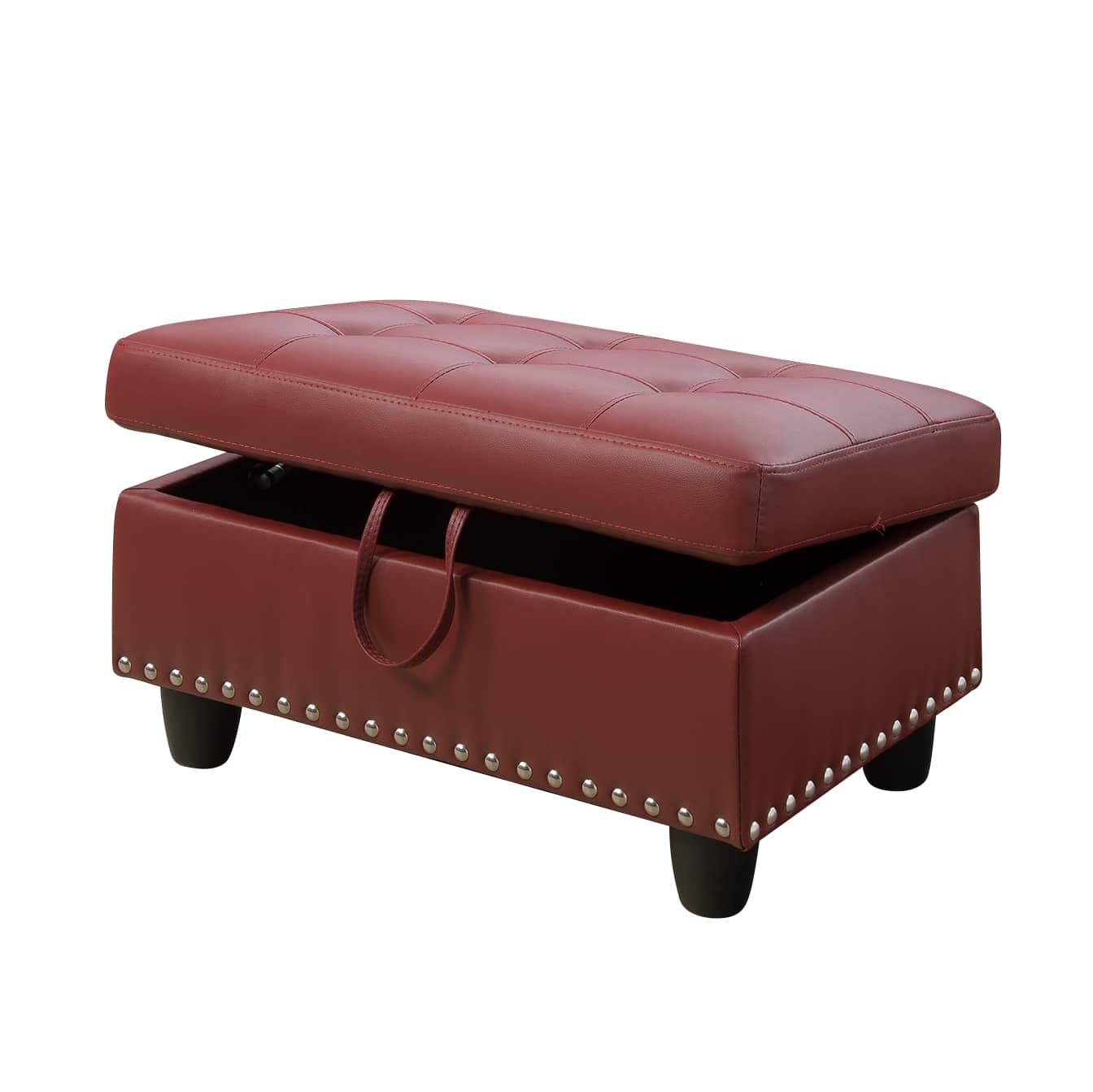 Red tufted leather storage ottoman with nailhead trim