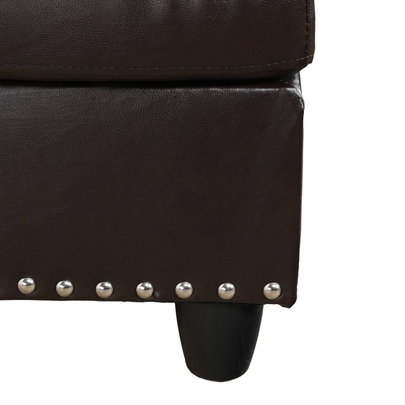 Dark brown leather armchair with silver studs and wooden leg