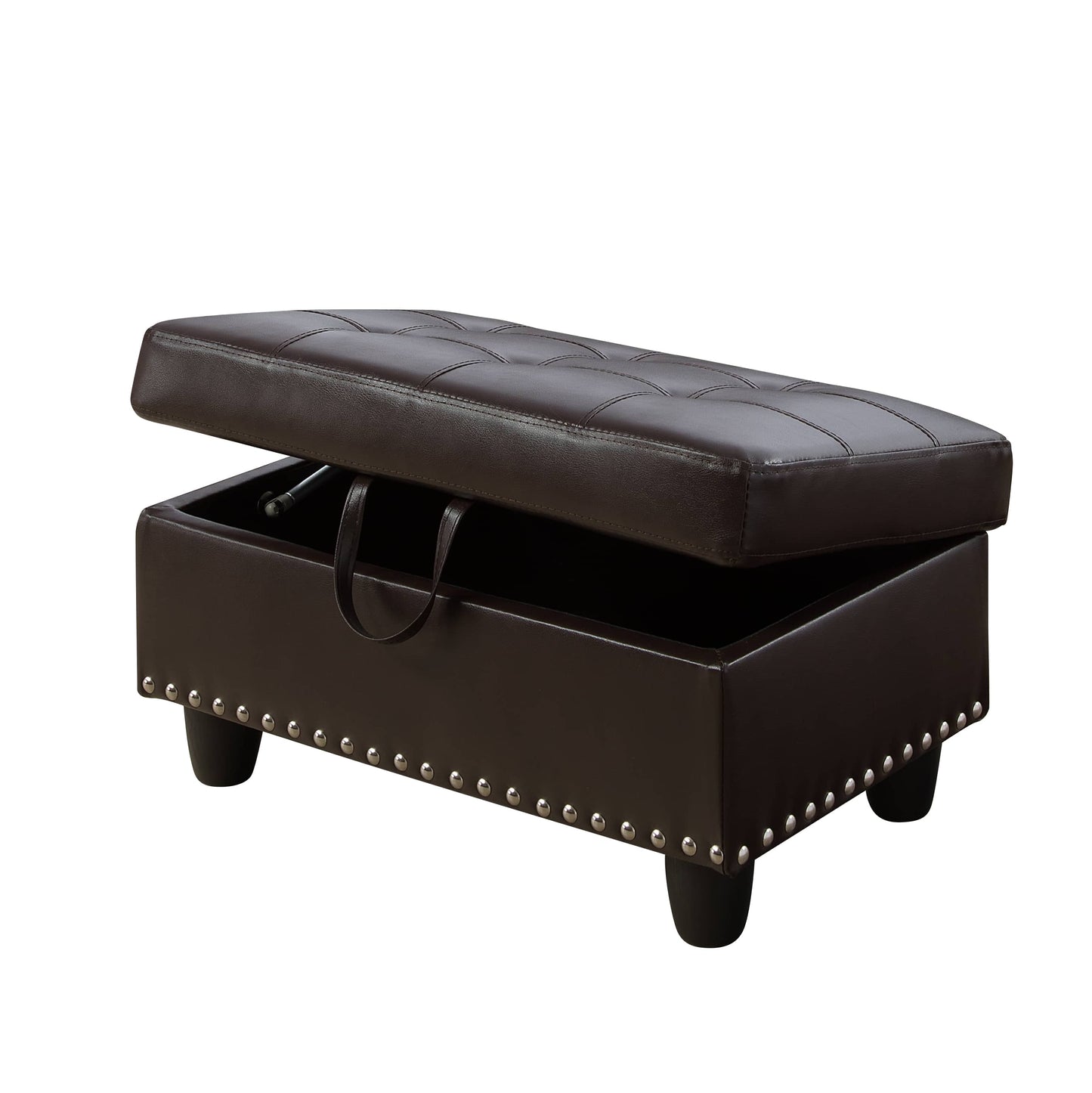 Brown leather lifttop storage ottoman with metal studs