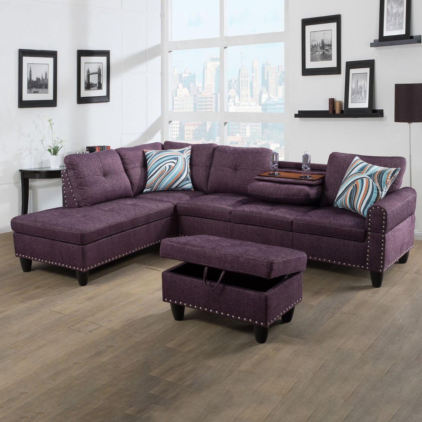 Purple sectional sofa with nailhead trim and storage ottoman for living room