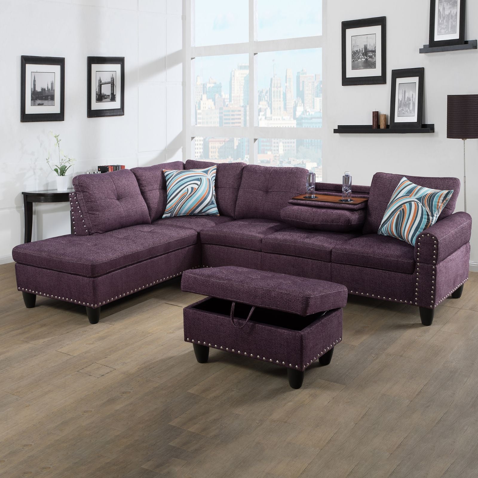 Purple sectional sofa with nailhead trim and storage ottoman for living room