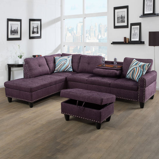Purple sectional sofa with nailhead trim and storage ottoman for living room
