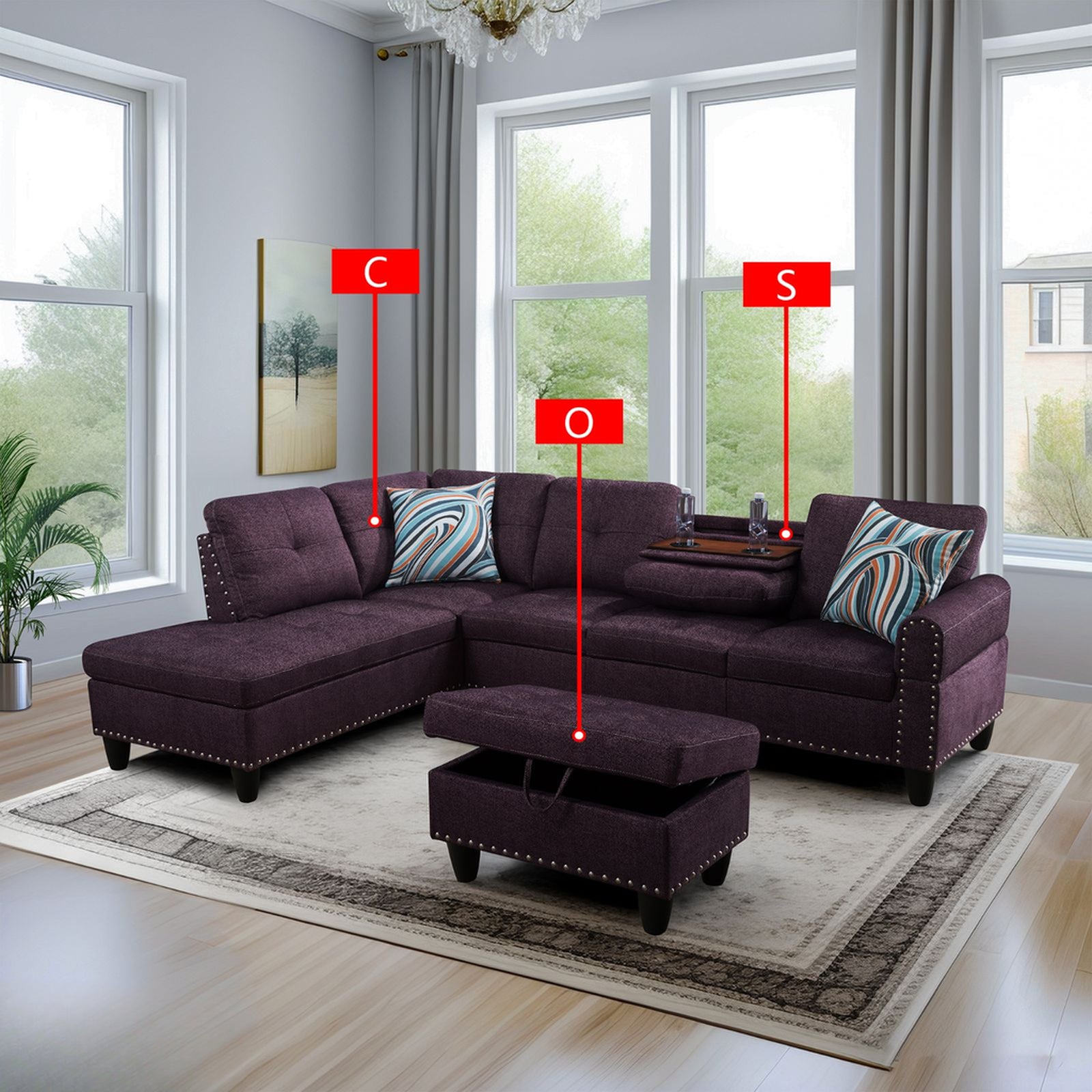 Purple sectional sofa with striped accent pillows modern living room furniture