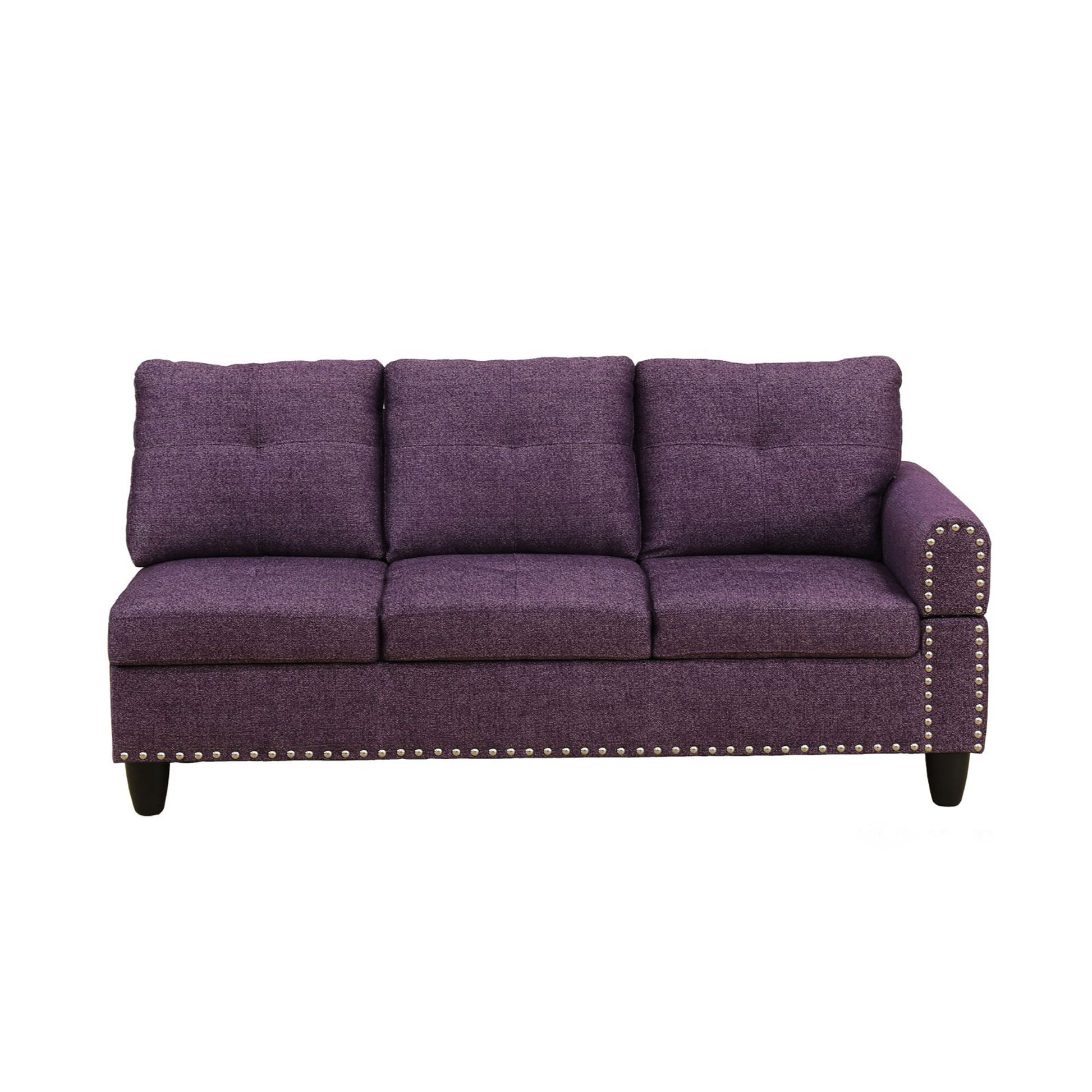 Purple tufted loveseat with silver nailhead trim for modern living room seating
