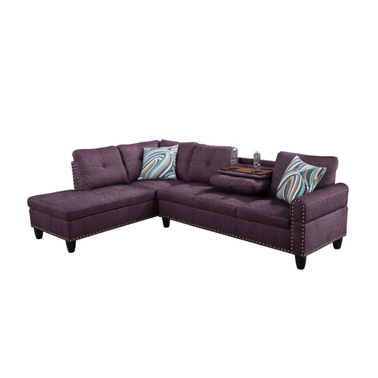 Purple sectional sofa with nailhead trim for living room seating