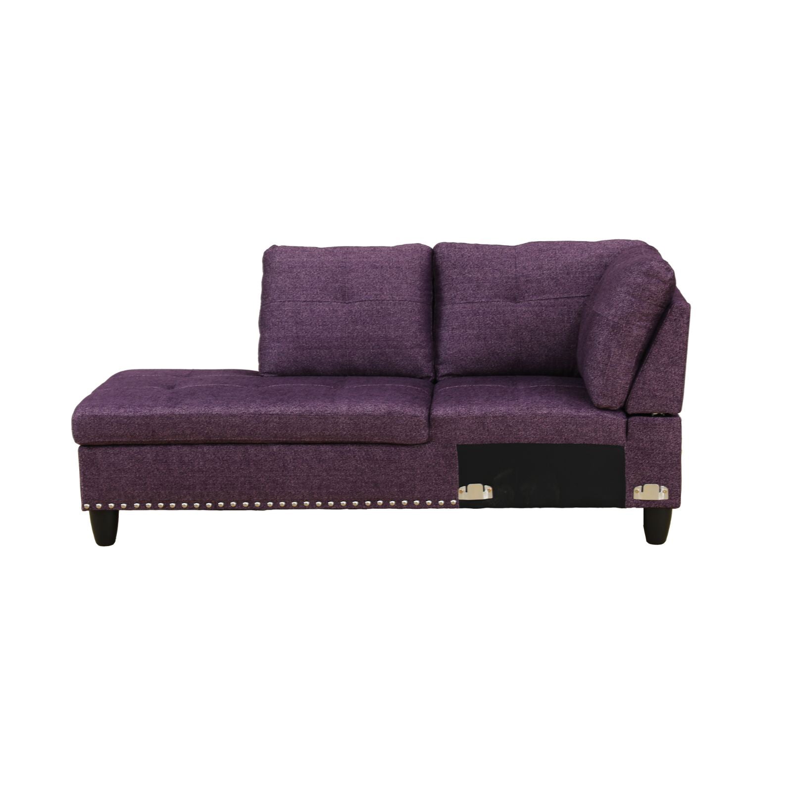 Purple tufted chaise sofa with nailhead trim for contemporary living
