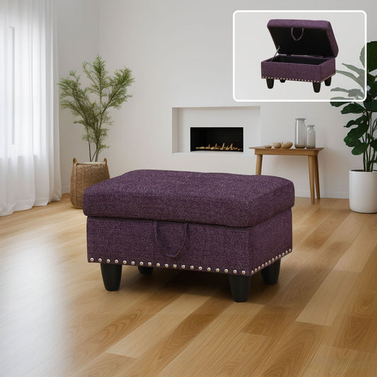 Purple storage ottoman with hinged tray top nailhead trim