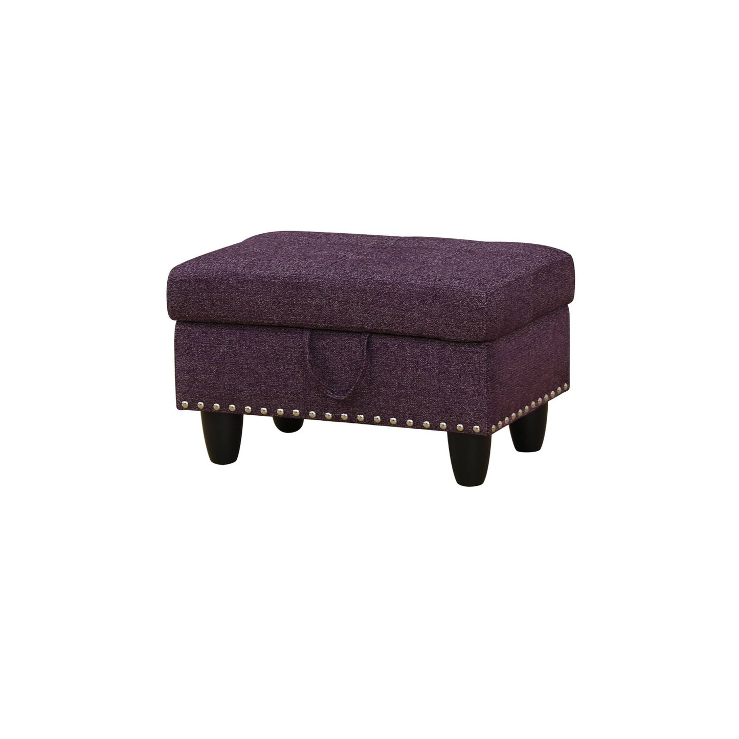 Purple fabric storage ottoman with silver nailhead trim and dark tapered legs