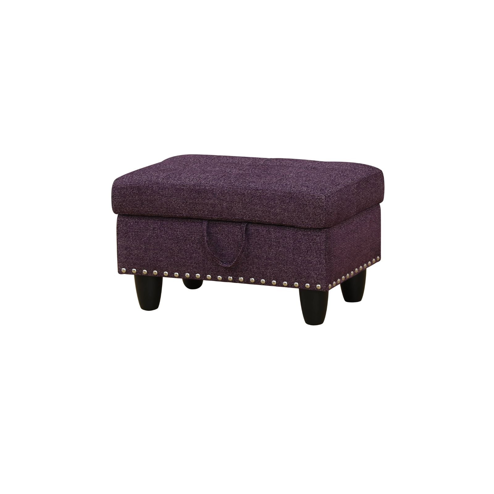 Purple fabric storage ottoman with silver nailhead trim and dark tapered legs