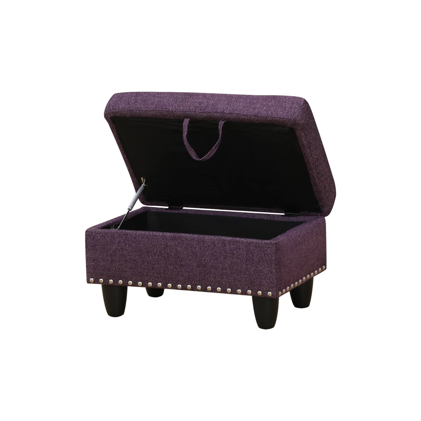Purple fabric storage ottoman with decorative studs open lid