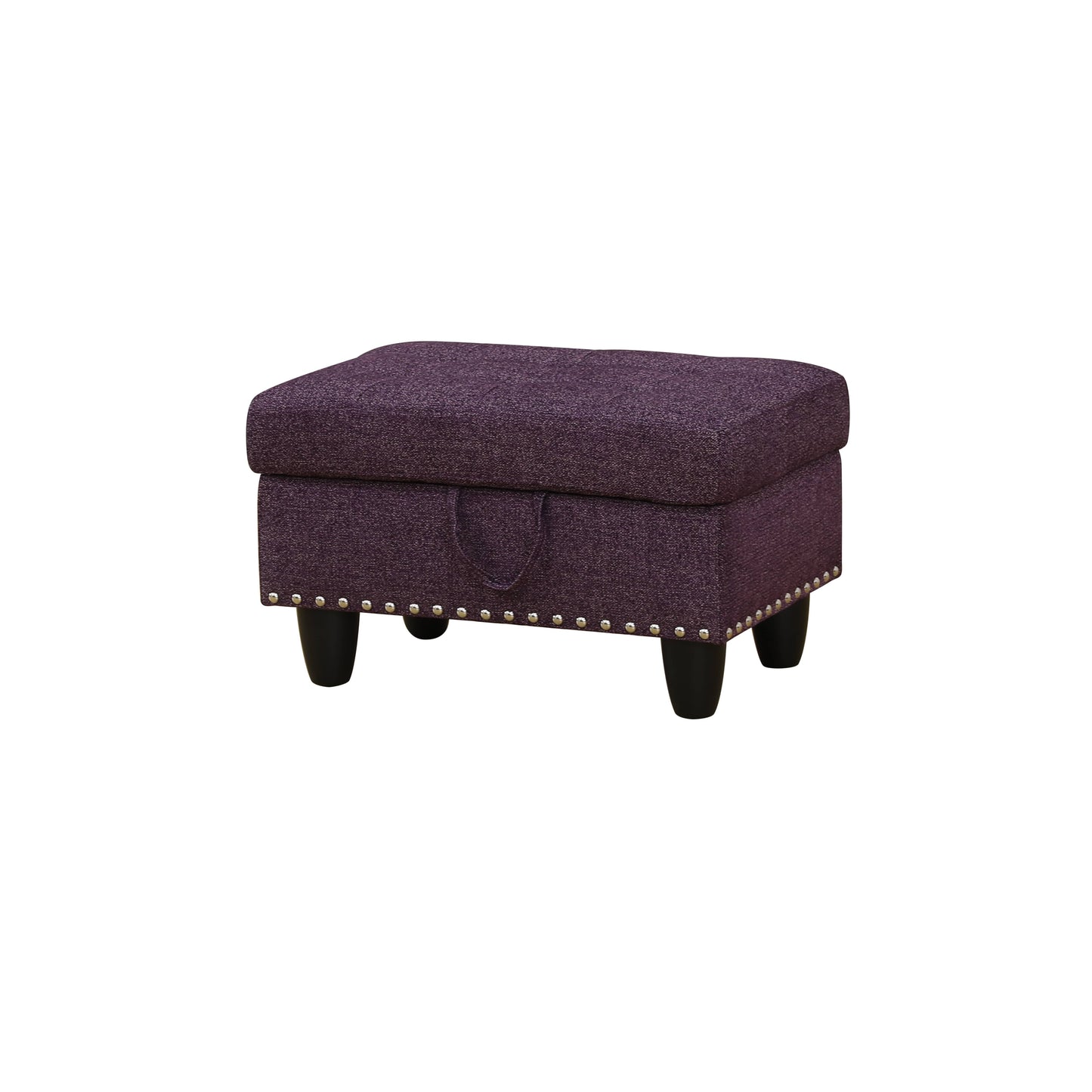 Purple fabric storage ottoman with nailhead trim