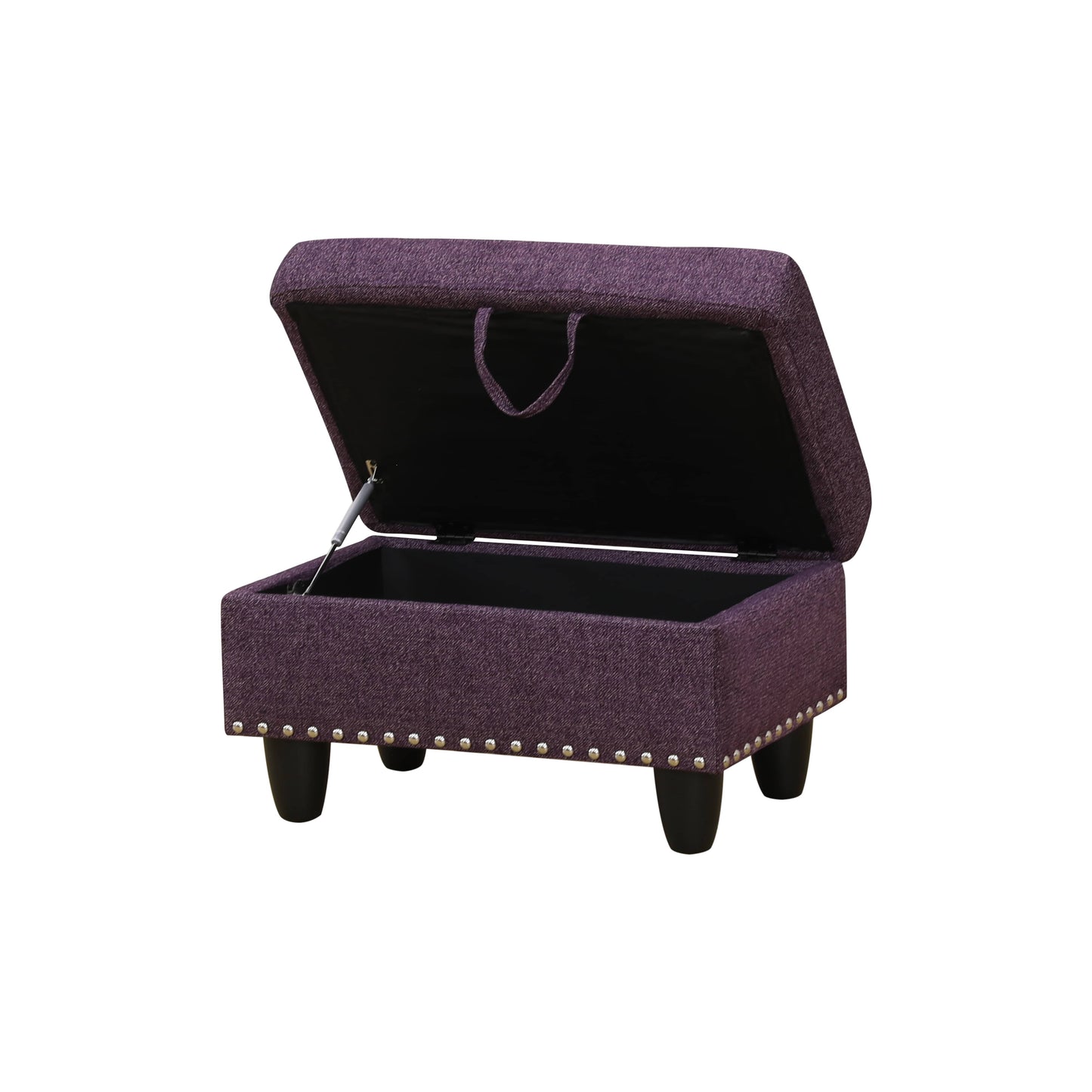 Purple storage ottoman with silver nailhead trim and open lid