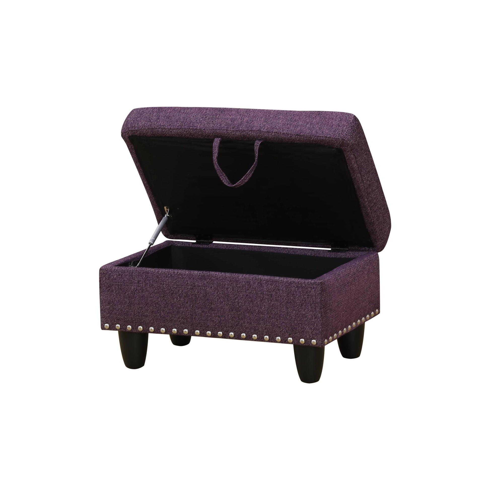 Purple storage ottoman with silver nailhead trim and open lid
