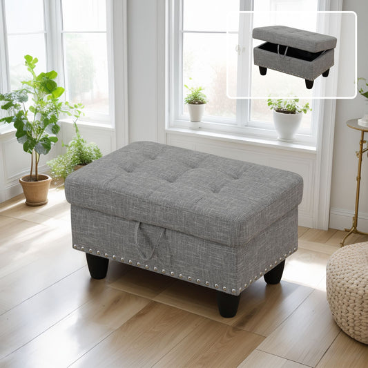 Gray tufted lifttop storage ottoman living room