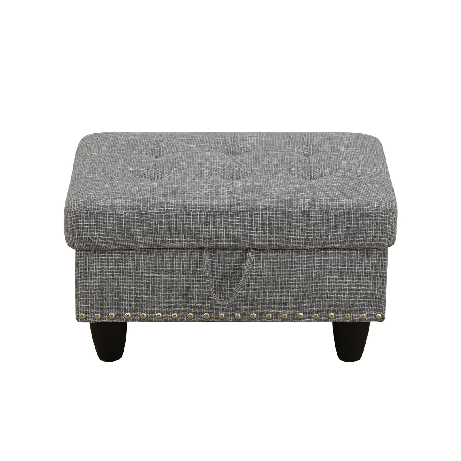 Gray tufted fabric storage ottoman with nailhead trim and handle