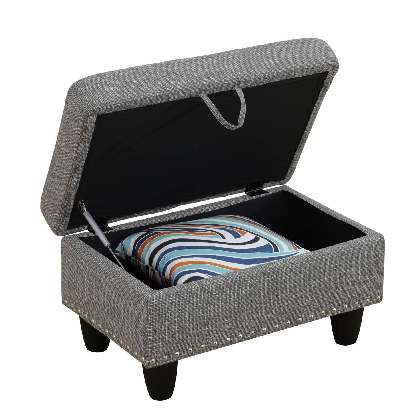 Grey fabric storage ottoman with decorative nailhead trim and hinged lid