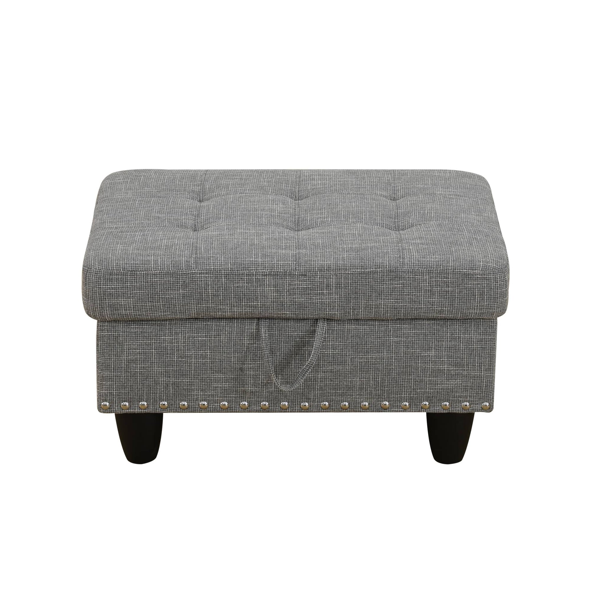 Gray tufted fabric storage ottoman with metal accents for living room seating