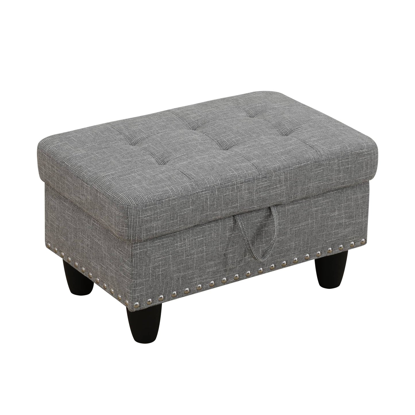 Gray tufted storage ottoman with nailhead trim for living room furniture