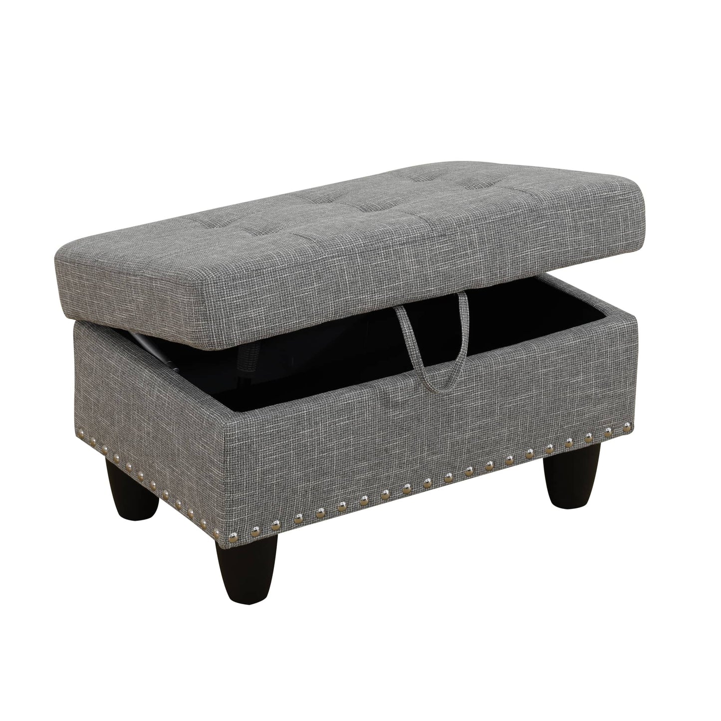 Gray tufted storage ottoman with open box compartment for home use