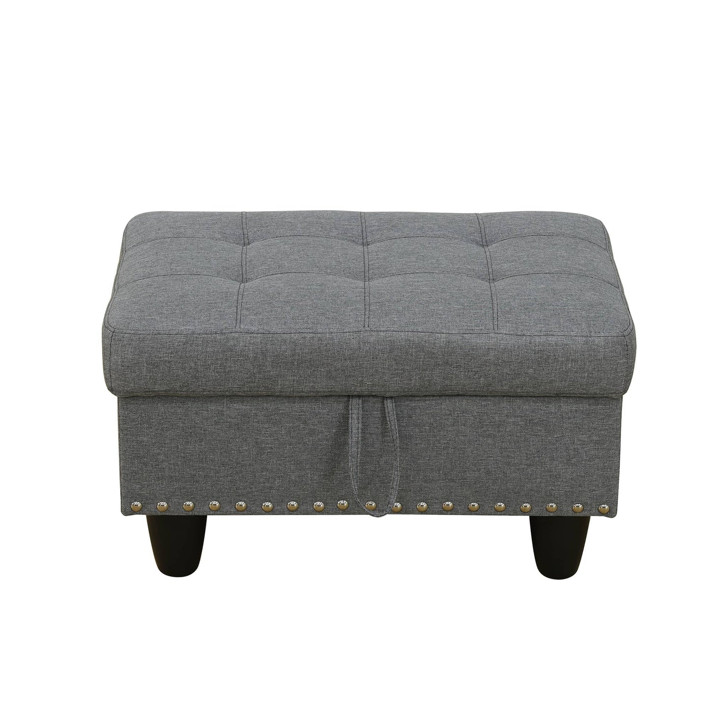 Gray tufted storage ottoman with nailhead trim for living room