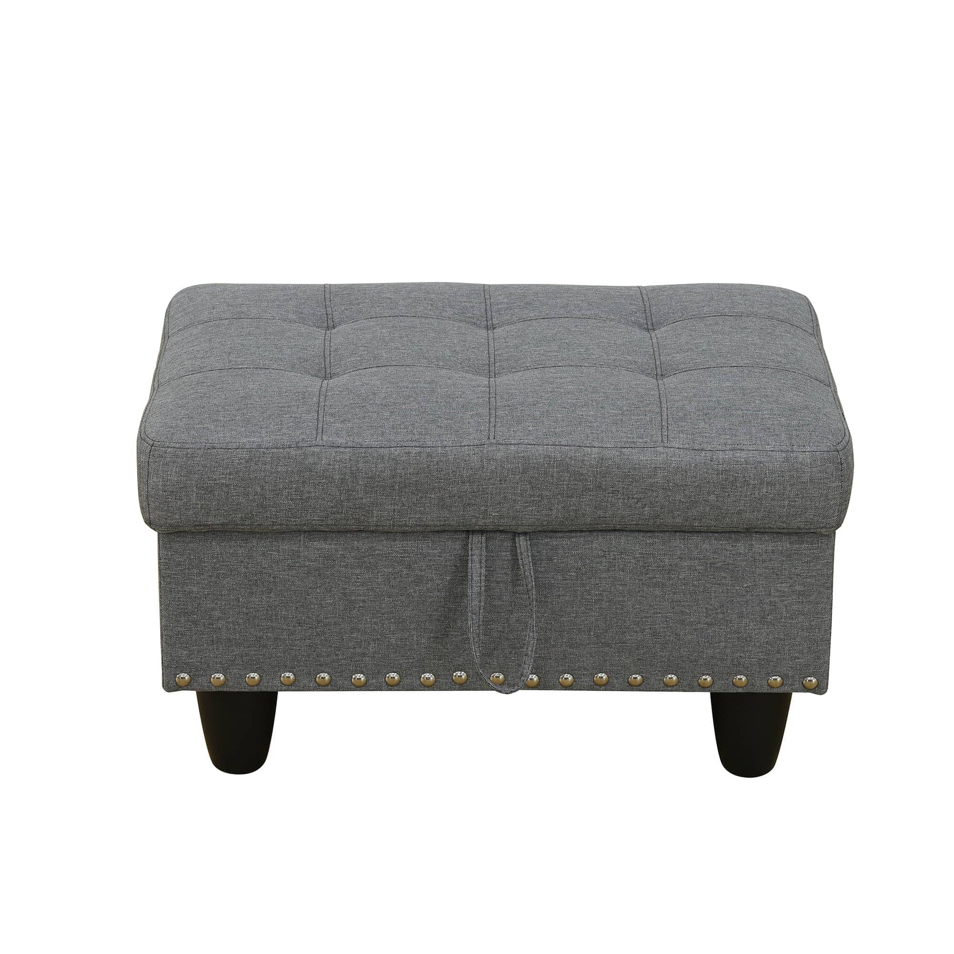 Gray tufted storage ottoman with nailhead trim for living room