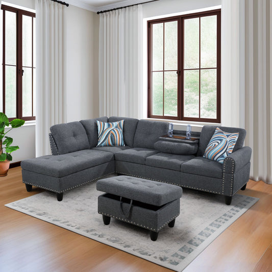 Gray tufted sectional sofa with colorful accent pillows and builtin side table for family lounge
