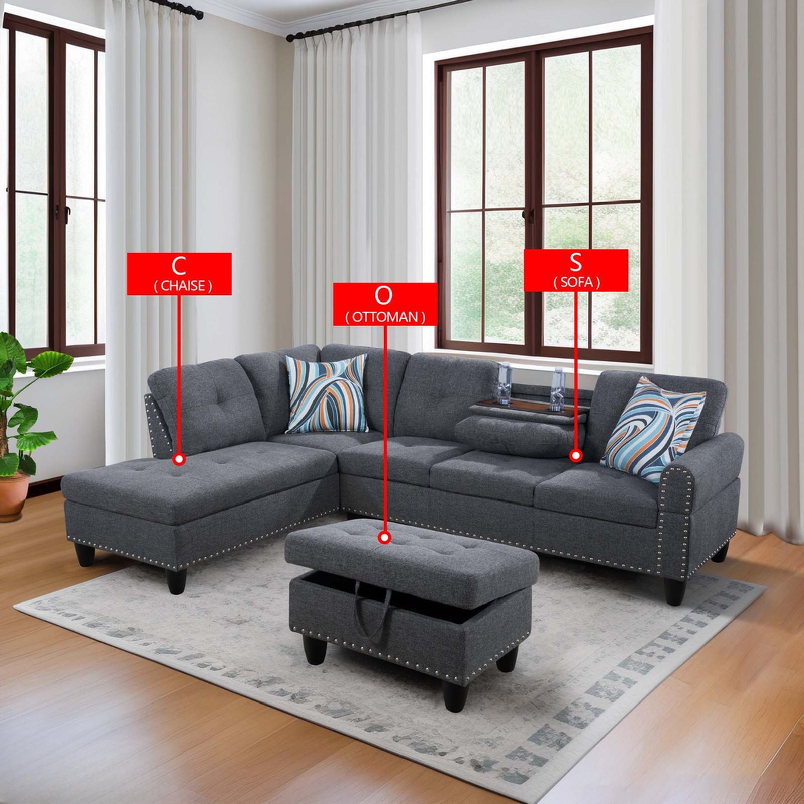 Gray tufted chaise lounge with nailhead trim modern living room