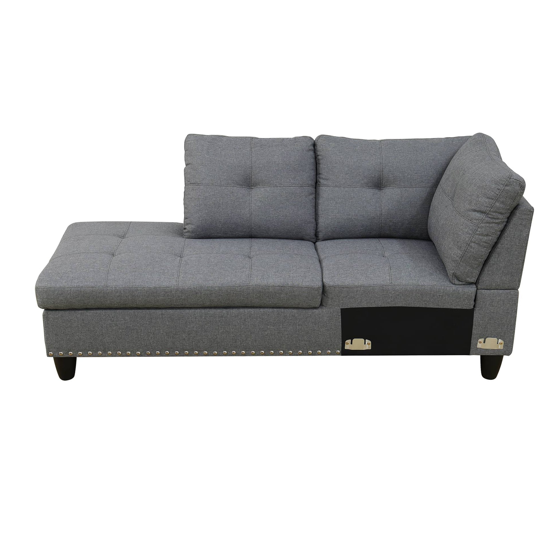 Gray tufted sectional sofa with chrome nailheads for living room