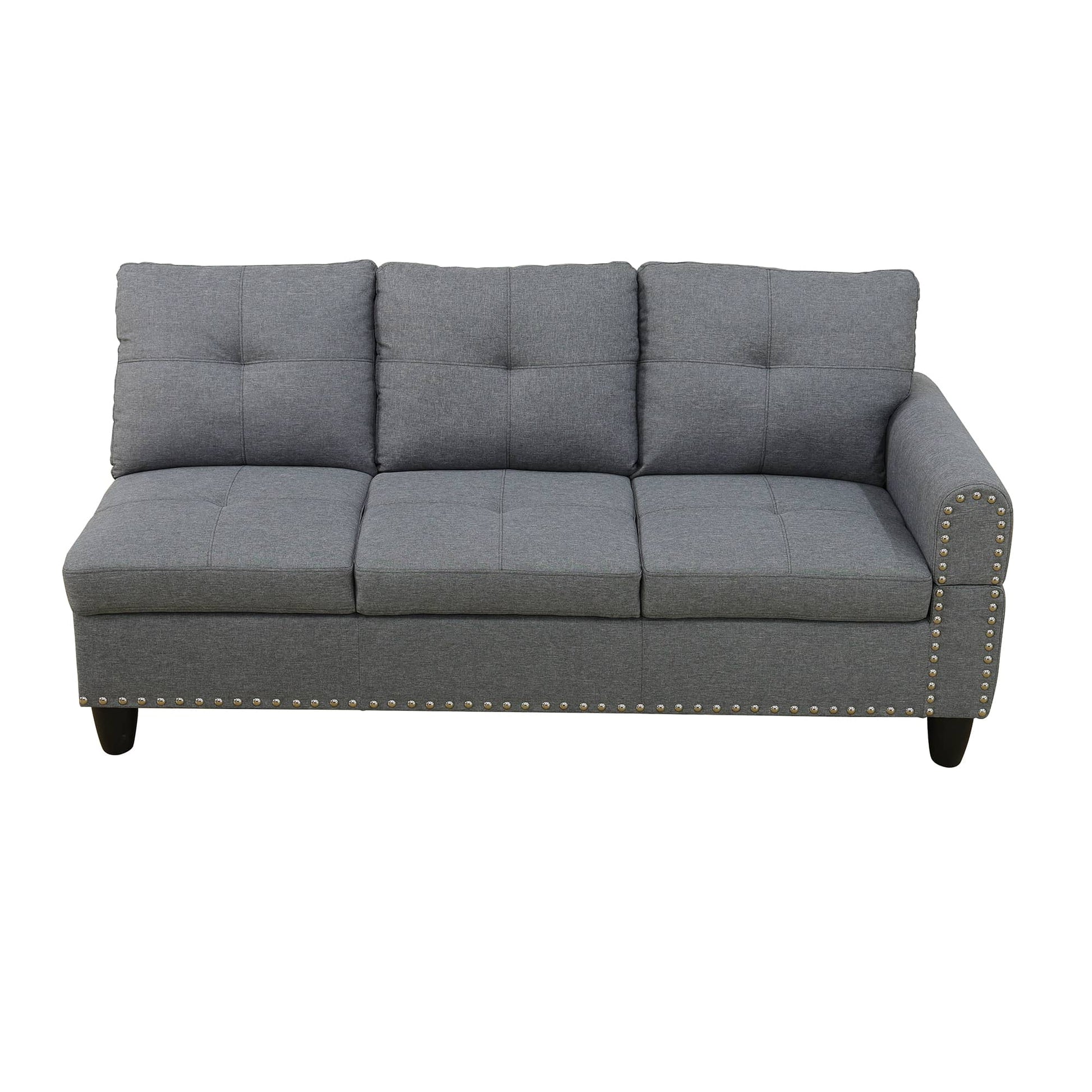 Gray tufted fabric sofa with nailhead trim for living room seating