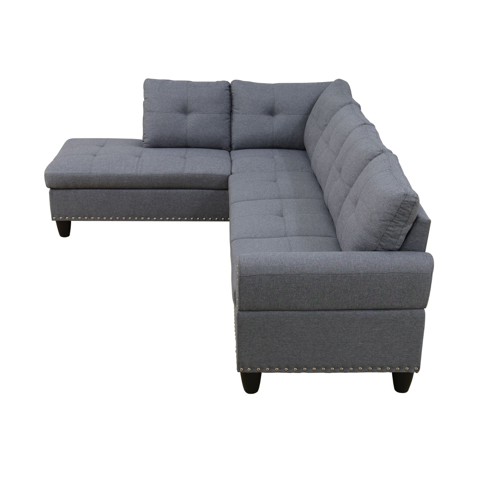 Gray tufted sectional sofa with nailhead trim for living room use