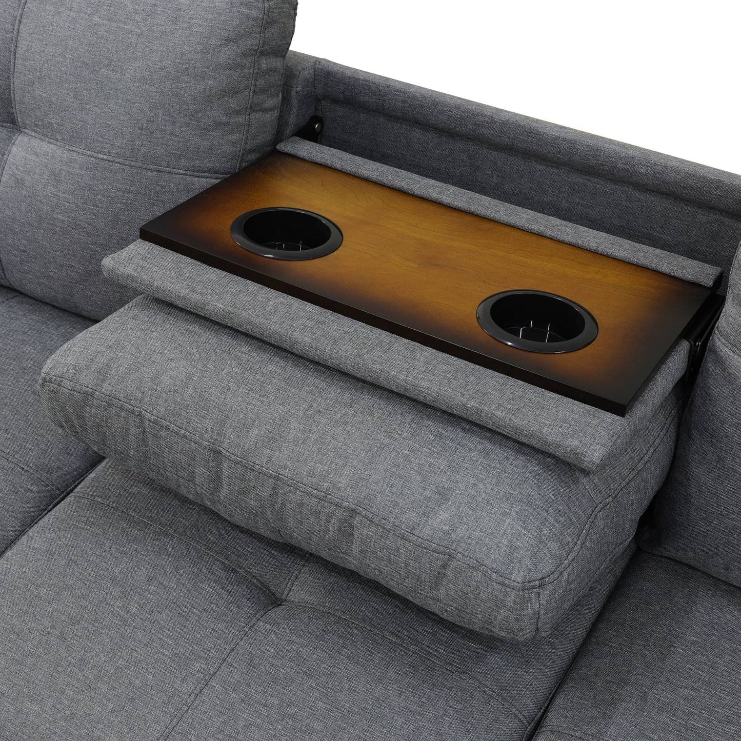 Gray fabric reclining sofa with wooden console and cup holders for entertainment