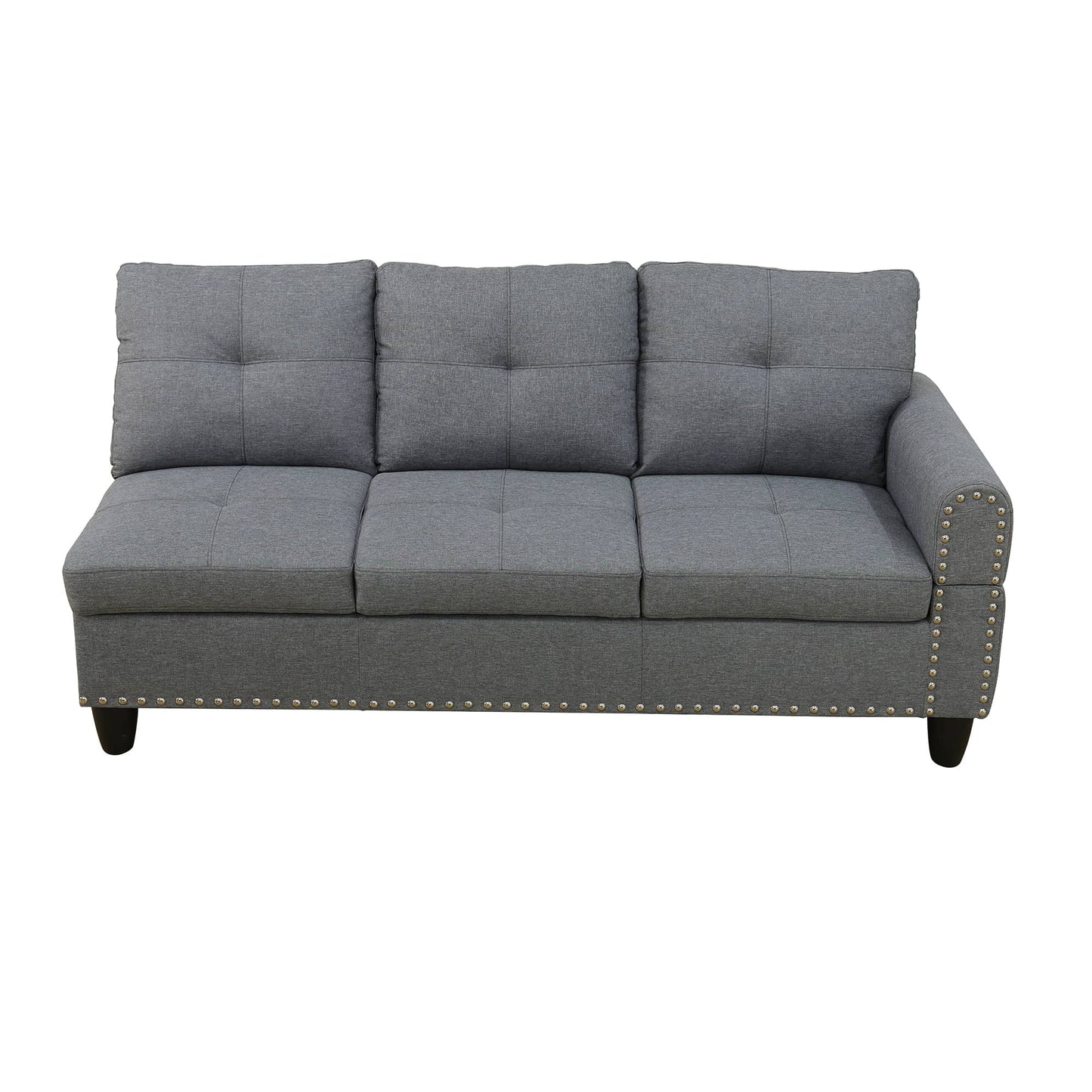 Gray tufted sofa with nailhead trim  modern living room
